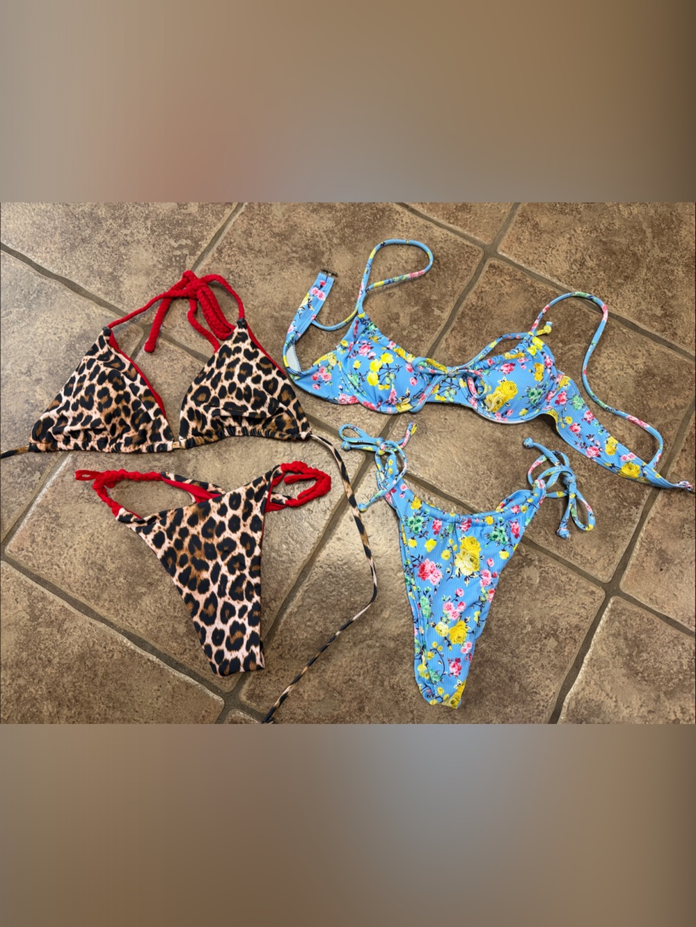 SHEIN Leopard Print Thong & Blue Floral Minimal Coverage Women’s Bikini Sets